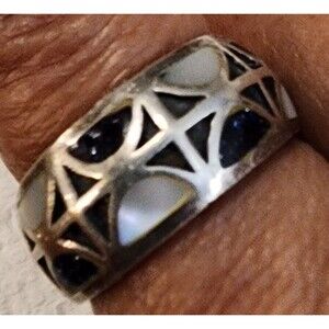MEXICO 925 Silver  Vintage Black Onyx White Pearl Enlay Band Ring Sz 8.25